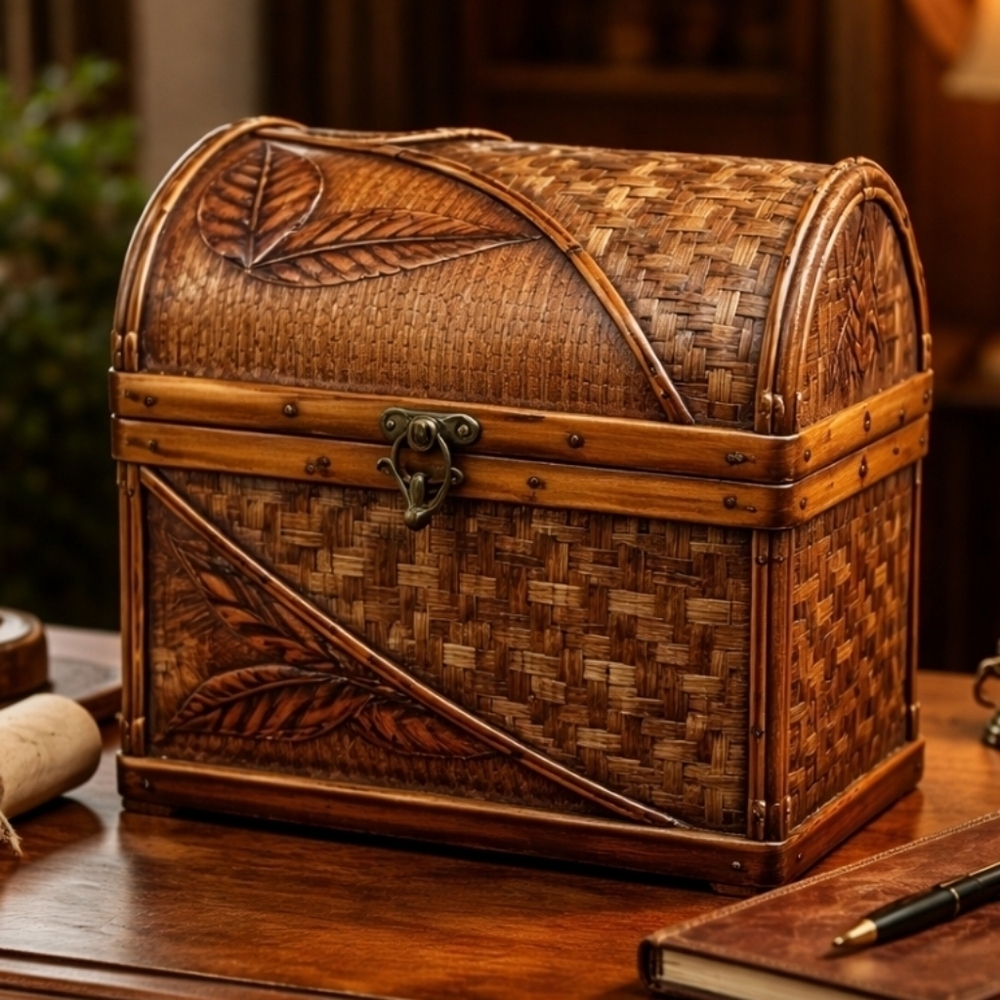 Vintage Woven Wood Copper Bamboo Handmade Basket Box Chest With Brass Latch